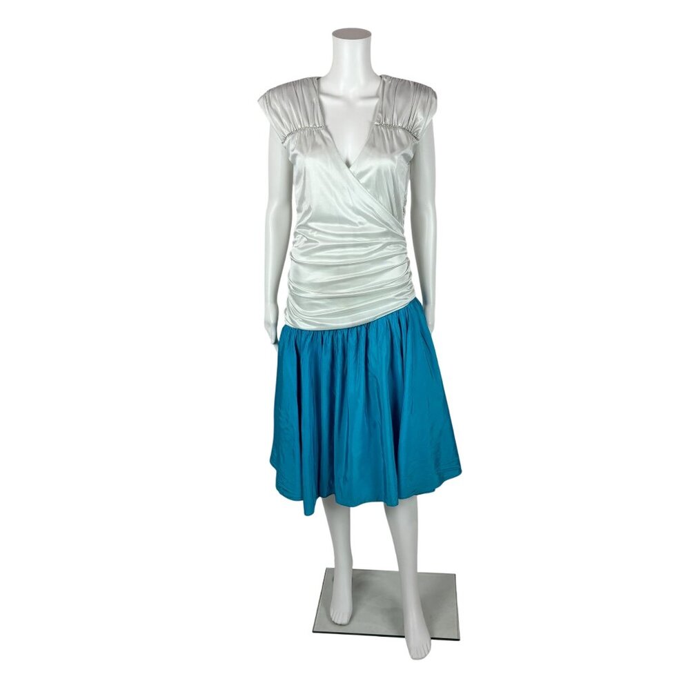 Vintage 80s Party Dress Women's Small Gathered Satin Asymmetrical Blue Tulle